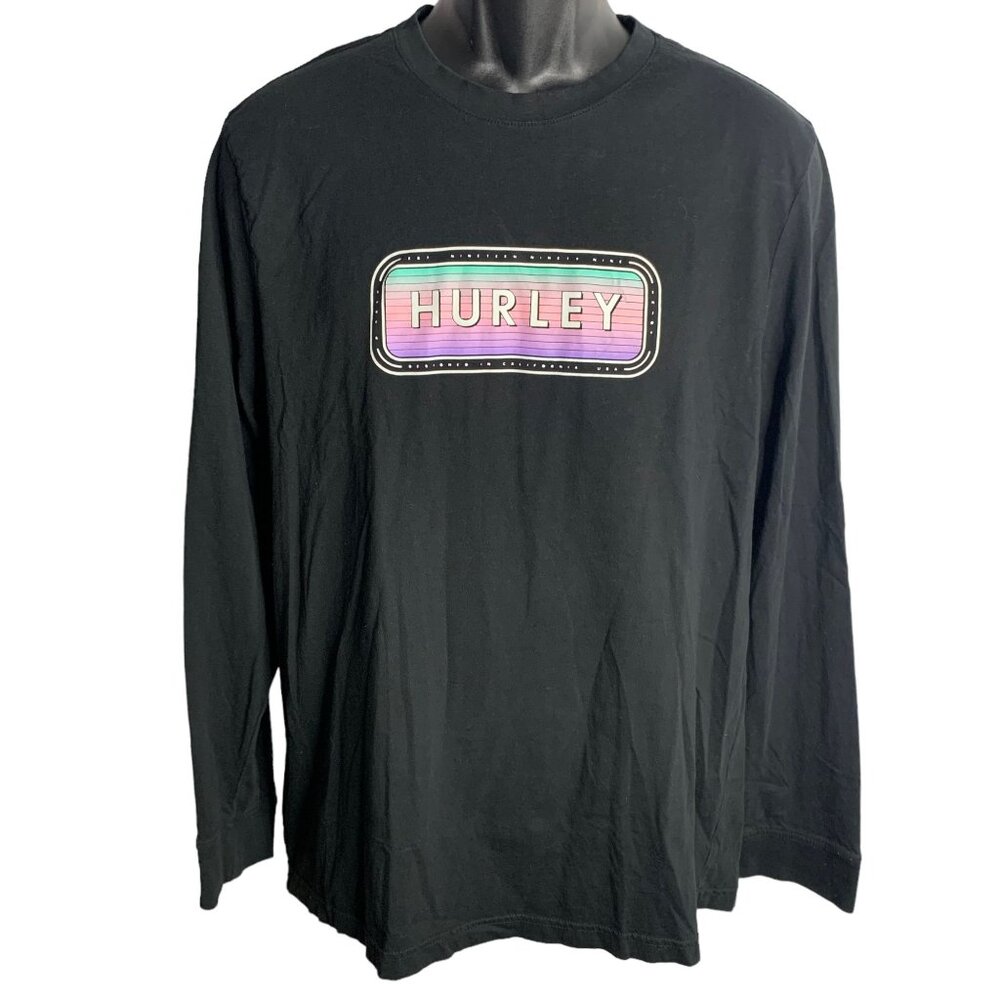 Hurley Long Sleeve Crewneck T Shirt L Black Retro Logo Chest Graphic Surf Skate